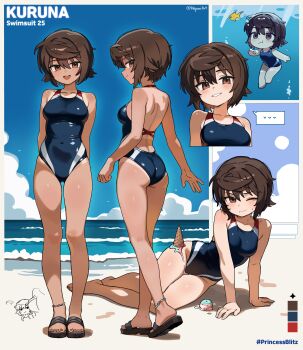 1girl absurdres arm_support bare_back beach black_hair breast_conscious competition_swimsuit food hepari highres ice_cream kuruna_(princess_blitz) multiple_views official_art one-piece_swimsuit original princess_blitz reference_sheet sandals short_hair sitting swimsuit tan tanline underwater