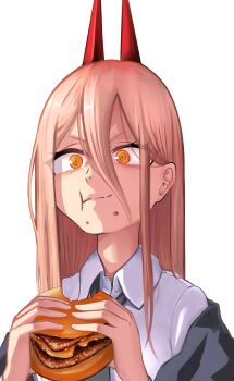 1girl absurdres blonde_hair burger chainsaw_man crosshair_pupils dress_shirt eating food hair_between_eyes highres horns long_sleeves madaotheory open_mouth orange_eyes power power_(chainsaw_man) red_horns shirt solo white_shirt