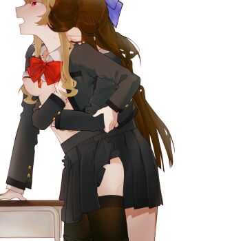 Rule 34 | 2girls, asymmetrical bangs, black thighhighs, blonde hair, bow, bowtie, breast pocket, brown hair, buttons, closed eyes, clothes lift, collared shirt, cowboy shot, desk, facing another, front-to-back, grabbing another's arm, grabbing another's breast, grabbing from behind, grey jacket, grey skirt, groping, hair bow, hand rest, head on another's back, highres, hug, hug from behind, jacket, leaning forward, leaning on person, long hair, long sidelocks, long sleeves, looking ahead, multiple girls, nipples, open clothes, open jacket, open mouth, parted bangs, pleated skirt, pocket, purple bow, red bow, red bowtie, red eyes, saijou claudine, school desk, school uniform, seishou music academy uniform, shirt, shirt lift, shoujo kageki revue starlight, sidelocks, simple background, skirt, skirt lift, sweatdrop, tears, tendou maya, thighhighs, very long hair, vojaganto, white background, white shirt, yuri
