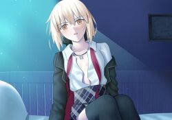 Rule 34 | 1girl, alternate costume, artoria pendragon (all), artoria pendragon (fate), black ribbon, blonde hair, blush, breasts, fate/grand order, fate (series), highres, jacket, jewelry, longdq3008, looking at viewer, medium breasts, necklace, necktie, on bed, open clothes, open jacket, open shirt, partially undressed, ribbon, saber alter, short hair, sitting, solo, thighhighs, undone necktie, weapon, yellow eyes