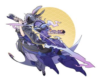 1girl arm_blade armor black_kimono ceruledge commission full_body helmet highres holding holding_sword holding_weapon japanese_clothes katana kimono mask nintendo pokemon pokemon_(creature) purple_armor purple_helmet simple_background sword weapon white_background white_hair wulie_errr