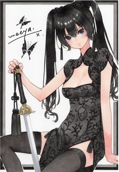 1girl arm_at_side arm_support black_border black_dress black_hair blue_eyes border breasts bug butterfly china_dress chinese_clothes cleavage cleavage_cutout closed_mouth clothing_cutout covered_navel double-parted_bangs dress grey_border hair_between_eyes hair_ornament hand_up hashtag-only_commentary holding holding_sword holding_weapon insect invisible_chair long_bangs long_hair looking_at_viewer marker_(medium) medium_breasts meeya original outline outside_border short_sleeves signature simple_background sitting solo sword tassel tassel_hair_ornament traditional_media twintails v-shaped_eyebrows weapon white_background white_outline