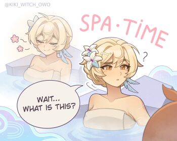 1boy ? blonde_hair breasts closed_eyes english_text genshin_impact hair_bun highres kiki_witch large_breasts lumine_(genshin_impact) onsen speech_bubble steam tartaglia_(genshin_impact) towel twitter_username yellow_eyes