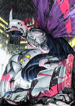 Rule 34 | blue scales, city, claw (weapon), cyborg, digimon, digimon (creature), dinosaur, highres, horns, mechanical arms, metalgreymon (virus), miura satoru, night, purple wings, rain, red hair, sharp teeth, short hair, single mechanical arm, solo, teeth, torn wings, weapon, wings, yellow eyes