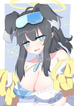 1girl absurdres animal_ears black_hair blue_archive blue_eyes breasts cheerleader cleavage dog_ears dog_girl goggles goggles_on_head halo hibiki_(blue_archive) hibiki_(cheer_squad)_(blue_archive) highres holding holding_pom_poms large_breasts long_hair looking_at_viewer millennium_cheerleader_outfit_(blue_archive) official_alternate_costume open_mouth pom_pom_(cheerleading) pom_poms simple_background solo star_(symbol) star_sticker sticker sticker_on_arm sticker_on_face yellow_halo yuuyuuyuuyuu113