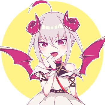 1girl :d ahoge arm_strap bare_shoulders belt blush border bracelet broken_heart_print clenched_hand collar colored_tips curled_horns demon_girl demon_horns demon_wings dress dyed_ahoge fangs furrowed_brow gloves grey_hair hair_between_eyes hand_to_own_mouth hepsim23 highres horns jewelry makaino_ririmu makaino_ririmu_(1st_costume) multicolored_hair nijisanji off-shoulder_dress off_shoulder open_mouth outside_border pointy_ears red_collar red_eyes red_horns red_straps red_streaks red_wings round_border shirt_under_dress short_hair shoulder_strap sidelocks skin_fangs smile solo standing streaked_hair undershirt upper_body virtual_youtuber white_border white_dress white_gloves wings yellow_background