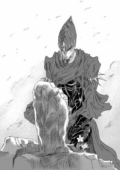 1girl 913kousatu absurdres cape commentary_request dark_souls_(series) dark_souls_i full_body gauntlets greyscale highres lord&#039;s_blade_ciaran mask masked monochrome on_one_knee solo tombstone