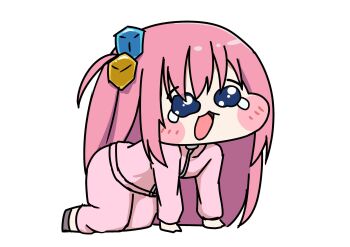 1girl all_fours blue_eyes blush bocchi_the_rock! chibi chibi_only commentary_request crocoarbor_art gotoh_hitori hair_ornament highres jacket meme open_mouth pants pink_hair pink_jacket pink_pants simple_background solo speakiposting_(meme) tearing_up tears trickcal white_background