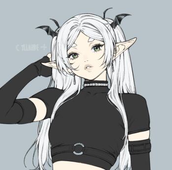 1girl artist_name black_gloves commentary cropped_shirt demon_wings earrings elbow_gloves elf english_commentary fingerless_gloves flat_color frieren gloves grey_background grey_eyes grey_lips hand_up head_wings jewelry long_hair looking_at_viewer parted_lips pointy_ears short_eyebrows simple_background solo sousou_no_frieren white_hair wings yiiande