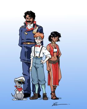 arms_behind_back black_hair blue_background blue_eyes bow bowtie commentary crystal dark-skinned_female dark-skinned_male dark_skin earrings english_commentary facial_hair fushigi_no_umi_no_nadia glasses gradient_background hand_on_own_hip hat highres hoop_earrings jean_roque_lartigue jewelry king_(nadia) lcr_comics lion medium_hair midriff military_hat military_uniform mustache nadia_la_arwall navel neckerchief necklace nemo_(nadia) orange_hair pelvic_curtain pendant red_bow red_bowtie red_neckerchief red_vest round_eyewear sandals signature suspenders traditional_bowtie vest