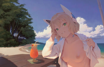 1girl android antica_(bigrbear) beach bigrbear blonde_hair blue_sky breasts cherry cloud cocktail collarbone commentary cup day drinking_glass drinking_straw food fruit green_eyes hand_on_own_head head_rest head_tilt headgear highres joints lemon lemon_slice long_sleeves looking_at_viewer naked_shirt nipples no_bra ocean open_clothes open_shirt original outdoors parted_lips revision robot_joints shirt short_hair sky small_breasts smile solo sunlight table tree upper_body water white_shirt wooden_table