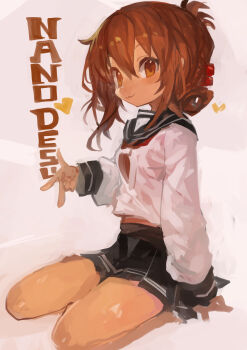 1girl :3 absurdres black_sailor_collar blush breasts brown_eyes brown_hair commentary folded_ponytail highres inazuma_(kancolle) kaamin_(mariarose753) kantai_collection long_sleeves looking_at_viewer miniskirt nanodesu_(phrase) neckerchief pleated_skirt red_neckerchief romaji_text sailor_collar school_uniform serafuku simple_background sitting skirt small_breasts solo