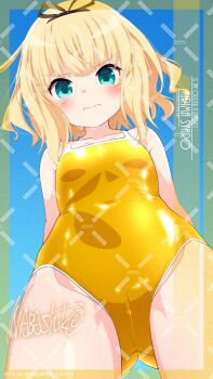 1girl adversarial_noise alternate_costume black_ribbon blonde_hair blue_eyes closed_mouth commentary_request cowboy_shot flat_chest gochuumon_wa_usagi_desu_ka? hair_ribbon highres inaba_shiki kirima_syaro loli looking_at_viewer one-piece_swimsuit paid_reward_available ribbon short_hair solo swimsuit yellow_one-piece_swimsuit