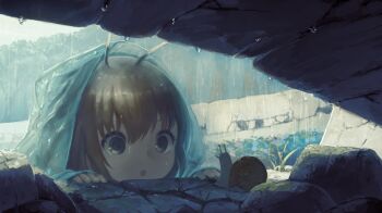 1girl artist_request blue_raincoat brown_eyes child interested open_mouth rain raincoat short_hair snail snail_girl solo source_request surprised tagme wet wet_clothes