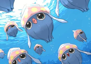 air_bubble animal_focus aomon_(yuuji7604) bubble closed_mouth gen_6_pokemon green_eyes highres inkay nintendo no_humans ocean open_mouth pokemon pokemon_(creature) pokemon_focus smile squid underwater water