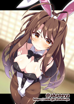 1girl akaneya animal_ear_hairband animal_ears black_bow black_bowtie black_leotard bow bowtie breasts brown_eyes brown_pantyhose detached_collar elbow_gloves fake_animal_ears from_above gloves hairband large_breasts leotard original pantyhose playboy_bunny rabbit_ears rabbit_tail solo standing strapless strapless_leotard tail thighband_pantyhose watermark web_address white_gloves