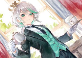 1girl artist_name black_necktie black_suit braid butler cecilia_immergreen commentary cup dutch_angle english_commentary female_butler formal_clothes gloves green_eyes green_vest grey_hair hololive hololive_english necktie sebu_illust side_braid suit teacup teapot vest virtual_youtuber white_gloves winding_key
