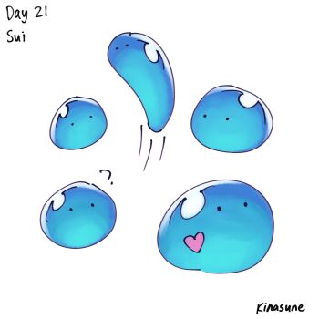 1other ? artist_name character_name commentary english_commentary english_text full_body heart highres jumping kinasune looking_at_viewer motion_lines multiple_views no_humans signature simple_background slime_(creature) sui_(tonsuki) tondemo_skill_de_isekai_hourou_meshi white_background