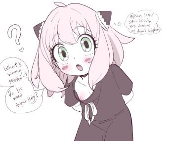 1girl ? anya_(spy_x_family) arms_behind_back blush collarbone english_text female_focus flat_chest green_eyes hairpods loli looking_at_viewer nipple_slip nipples open_mouth oversleepergirl pink_hair solo speech_bubble spy_x_family standing teasing teeth thought_bubble upper_teeth_only white_background