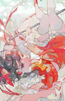 1girl ascot black_hair bow brown_eyes closed_mouth commentary_request detached_sleeves expressionless frilled_hair_tubes frilled_shirt_collar frilled_skirt frills full_body gohei hair_bow hair_tubes hakurei_reimu highres holding holding_gohei long_hair looking_at_viewer red_bow red_shirt red_shoes red_skirt ribbon-trimmed_sleeves ribbon_trim shinjitsu_no_kuchi shirt shoes sidelocks skirt skirt_set sleeveless sleeveless_shirt solo thighhighs touhou upside-down white_sleeves white_thighhighs yellow_ascot