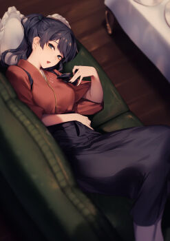 1girl arm_across_waist black_hair blue_hakama blush breasts female_focus genyaky hair_ribbon hakama hakama_skirt half-closed_eyes hand_up highres houshou_(kancolle) indoors japanese_clothes kantai_collection kimono long_hair lounge lying medium_breasts on_side open_mouth pantyhose pillow ponytail red_kimono ribbon sidelocks signature skirt solo tabi tasuki white_background