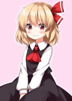 1girl ascot black_skirt black_vest blonde_hair blush closed_mouth collared_shirt commentary_request completion_time cowboy_shot hair_ribbon highres long_sleeves red_ascot red_eyes red_ribbon ribbon rumia ruu_(tksymkw) shirt short_hair simple_background skirt skirt_set solo touhou vest white_shirt