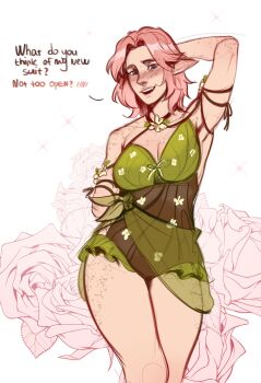 Rule 34 | 1girl, baldur's gate, baldur's gate 3, blush, body freckles, breasts, cleavage, curvy, dungeons & dragons, english text, fang, floral print one-piece swimsuit, freckles, highres, large breasts, one-piece swimsuit, pink hair, poofroom fanart, solo, swimsuit, tav (baldur's gate), thick thighs, thighs, tied skirt