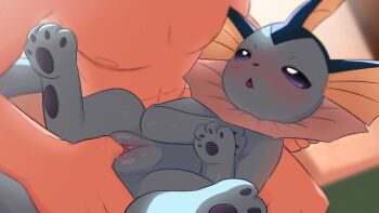 1boy 1girl absurdres animal_hands animal_sexualization bestiality blue_skin blurry blurry_background blush colored_skin completely_nude fingering fins gen_1_pokemon greatm8 head_fins head_out_of_frame highres looking_at_another nintendo nude pawpads pokemon pokemon_(creature) pokephilia purple_eyes pussy triangle_mouth uncensored vaporeon