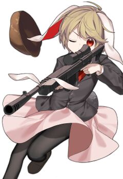 1girl alternate_costume animal_ears black_jacket black_pantyhose blonde_hair brown_hat commentary_request commission flat_cap floppy_ears gun hat highres holding holding_gun holding_weapon jacket keiki8296 leg_up long_sleeves looking_through_scope pantyhose pink_skirt rabbit_ears rabbit_girl rabbit_tail red_eyes rifle ringo_(touhou) simple_background skeb_commission skirt sniper_rifle solo suit_jacket tail touhou unworn_headwear weapon weapon_request white_background