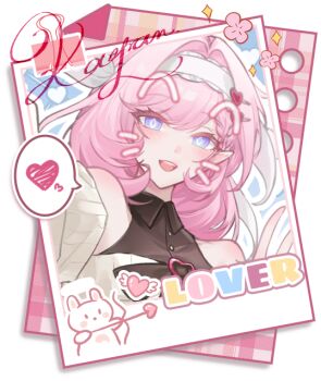 1girl black_shirt blue_eyes drawn_ears drawn_whiskers elysia_(honkai_impact) hairband heart honkai_(series) honkai_impact_3rd hulai_de_gou_sheng long_hair looking_at_viewer photo_(object) pink_hair shirt smile solo spoken_heart v very_long_hair white_hairband
