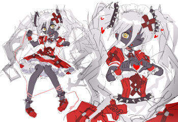 1girl absurdres apron black_skin colored_skin commentary_request dress grey_hair hair_ornament heart heart_hands highres j-core japanese_stream_hardcore joe_faiko long_hair looking_at_viewer maid multiple_views one_eye_closed red_dress simple_background sketch spiked_belt twintails very_long_hair white_apron white_background wusem0108 x_hair_ornament yellow_eyes