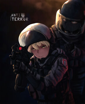 1girl 1other ammunition_pouch bad_id bad_pixiv_id black_gloves blonde_hair blue_eyes body_armor chinstrap closed_mouth collared_jacket commentary dark english_text frown gloves grey_jacket gun h&amp;k_mp5k h&amp;k_usp hand_on_another's_shoulder heckler_&amp;_koch helmet highres holding holding_gun holding_weapon jacket kneeling mask mouth_mask original pouch scope serious ski_mask submachine_gun tactical_clothes therj weapon yellow_eyes