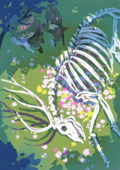 1girl absurdres animal_skeleton antlers armband baby_animal bone boots bouquet deer flower forest from_above grass green_hat hat highres holding holding_bouquet horns kokamakiri nature original shadow skeleton