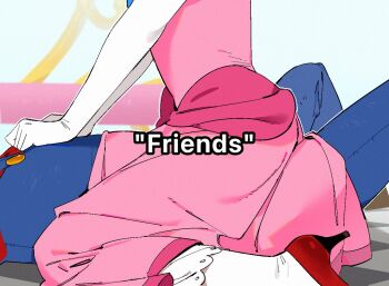 1girl blue_overalls blue_pants commentary_request dress elbow_gloves english_text girl_on_top gloves high_heels korean_commentary long_sleeves lying mario mario_(series) nintendo on_back overalls pants pantyhose photo-referenced pink_dress princess_peach red_shirt red_shoes shirt shoes short_sleeves ssuregigame white_gloves white_pantyhose