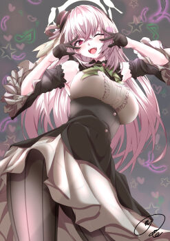 1girl ;d absurdres ascot black_dress black_gloves black_hat black_pantyhose blue_archive blush breasts brooch center_frills commentary_request cowboy_shot crossed_bangs detached_sleeves double_v dress earrings eyebrows_hidden_by_hair eyelashes frilled_dress frilled_sleeves frills from_below gloves gluteal_fold green_ascot grey_background grey_dress grey_hair hair_between_eyes half_gloves halo hands_up happy hat hat_feather heart highres idol idol_clothes jewelry large_breasts long_hair long_sleeves looking_at_viewer maximum7010 musical_note official_alternate_costume one_eye_closed open_mouth pantyhose red_eyes sakurako_(blue_archive) sakurako_(idol)_(blue_archive) signature simple_background sleeveless sleeveless_dress smile solo star_(symbol) straight_hair striped_clothes striped_pantyhose teeth top_hat two-tone_dress upper_teeth_only upskirt v v_over_eye vertical-striped_clothes vertical-striped_pantyhose very_long_hair white_halo wide_sleeves