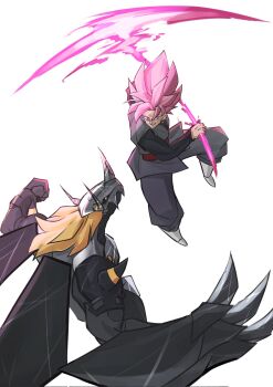 armor black_armor black_pants black_shirt black_skin blackwargreymon blonde_hair claw_(weapon) colored_skin crossover digimon digimon_(creature) dougi dragon dragon_ball dragon_ball_super earrings energy_blade gamr1p gauntlets goku_black grey_tunic highres holding holding_scythe horns jewelry medium_hair pants pink_hair red_eyes scythe shirt simple_background single_earring spiked_hair super_saiyan super_saiyan_rose trait_connection tunic weapon white_background yellow_eyes