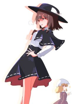 Rule 34 | 2girls, asymmetrical sidelocks, black capelet, black hat, black skirt, blonde hair, blue eyes, bone vone, book, bow, bowtie, brown hair, buttons, cape, capelet, collared dress, collared shirt, commentary request, contrast collar, dress, feet out of frame, film grain, hand on own hip, hat, hat bow, high-waist skirt, highres, holding, holding book, long sleeves, looking back, maribel hearn, medium hair, mob cap, multiple girls, purple dress, red bow, red bowtie, red cape, red skirt, ribbon-trimmed capelet, ribbon-trimmed skirt, ribbon trim, shadow, shirt, shirt tucked in, sidelocks, skirt, smile, solo focus, touhou, two-sided capelet, two-sided fabric, two-sided skirt, usami renko, v, white hat, white shirt
