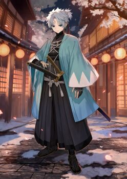 1boy aqua_haori architecture arm_at_side armor black_hakama black_socks blue_eyes bright_pupils closed_mouth earrings east_asian_architecture fate/grand_order fate_(series) frown full_body game_cg gloves hair_tie hakama hakama_pants hand_up haori japanese_armor japanese_clothes jewelry katana lack long_sleeves looking_at_viewer male_focus night official_art outdoors pants partially_fingerless_gloves ponytail sandals scar scar_on_face scar_on_forehead sheath sheathed shinsengumi short_hair short_ponytail socks solo standing sword tabi third-party_source toudou_heisuke_(fate) variant_set weapon white_hair white_pupils wide_sleeves zouri