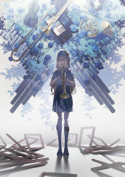 1girl absurdres broken_picture_frame collared_shirt commentary expressionless flute french_horn full_body green_ribbon grey_hair hair_over_one_eye highres holding holding_instrument holding_trumpet instrument isekaijoucho kamitsubaki_studio keyboard_(instrument) kneehighs loafers long_hair looking_at_viewer neck_ribbon one_eye_covered picture_frame pleated_skirt ribbon school_uniform shirt shoes short_sleeves skirt socks solo standing surreal trombone trumpet violin virtual_youtuber walluka white_shoes