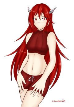 1girl absurdres armor armpit_crease bare_arms bare_legs boyshort_panties bra breasts broken_armor cordelia_(fire_emblem) embarrassed eyelashes feather_hair_ornament female_focus fire_emblem fire_emblem_warriors gameplay_mechanics groin hair_between_eyes hair_ornament hands_on_own_thighs highres intelligent_systems legs light_blush long_hair matching_hair/eyes matching_underwear medium_breasts midriff navel nintendo official_alternate_costume official_underwear panties red_bra red_eyes red_hair red_panties sidelocks signature simple_background sonicheroxd sports_bra standing stomach thighs underwear underwear_only unworn_clothes white_background