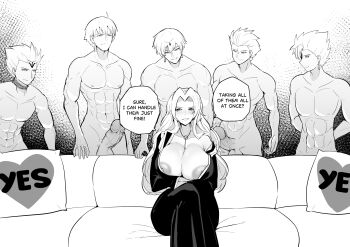 1girl 5boys abs absurdres arms_behind_back bare_shoulders bleach breasts chain chain_necklace collarbone couch crossed_legs crossover english_text fate_(series) gilgamesh_(fate) grin highres japanese_clothes jewelry large_breasts long_hair matsumoto_rangiku mole mole_under_mouth monochrome multiple_boys necklace nude parted_bangs penis pillow piper_perri_surrounded_(meme) sakiyume11 shawl shihakusho short_hair smile speech_bubble toned toned_male uncensored
