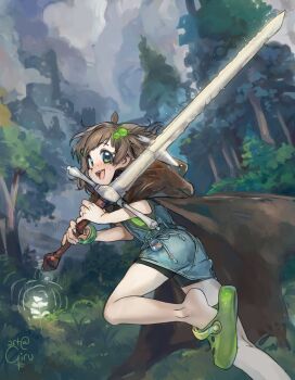 1girl artist_name bike_shorts blush brown_hair cape child crocs flower forest freckles girutea grass green_eyes highres holding holding_weapon indie_virtual_youtuber lily_hopkins looking_back nature outdoors overalls running short_hair solo sword tree virtual_youtuber weapon zweihander