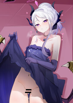 1girl absurdres asymmetrical_sidelocks bar_censor bare_shoulders black_halo black_horns black_ribbon blue_archive blush breasts breath censored cleft_of_venus closed_mouth clothes_lift collarbone demon_girl demon_horns demon_wings dot_nose dress dress_lift earrings elbow_gloves frilled_dress frills gloves gluteal_fold grey_hair hair_ribbon half-closed_eyes halo highres hina_(blue_archive) hina_(dress)_(blue_archive) horns jewelry lifting_own_clothes loli looking_at_viewer low_wings multiple_horns multiple_necklaces navel necklace nipple_slip nipples no_panties one_nipple_out pearl_necklace pink_background purple_dress purple_eyes purple_gloves pussy pussy_juice pussy_juice_trail ribbon sidelocks small_breasts solo split_mouth standing stomach strapless strapless_dress sweat sweatdrop teik0p thigh_gap thighs wings