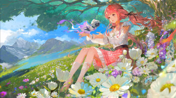 1girl ankle_socks arm_cutout bare_shoulders belt black_belt black_bow black_ribbon blue_sky blunt_bangs bow bow_legwear bra_strap closed_mouth clothing_cutout cloud cross-laced_clothes cross-laced_legwear daisy_(flower) dutch_angle faewish_sprite field flower flower_field frilled_shirt frilled_skirt frills full_body hair_bow hair_ribbon highres infinity_nikki jewelry knees_up lake layered_skirt lipstick long_hair looking_at_creature low_twintails makeup medium_skirt mountain necklace nikki_(nikki) nikki_(series) off-shoulder_shirt off_shoulder on_grass outstretched_arms pink_bow pink_hair pink_shoes pink_skirt pleated_skirt purple_flower red_lips ribbon shirt shoes sidelocks sitting skirt sky smile snowflake_print socks tree tress_ribbon twintails under_tree very_long_hair white_flower white_shirt white_skirt white_socks wind wu_xiao_xian