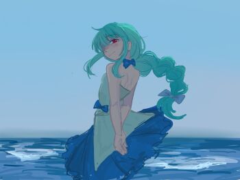 1girl aqua_hair back blue_bow bow braid closed_mouth commentary dress dummamay english_commentary frilled_dress frills from_side hair_bow hair_over_one_eye highres long_hair looking_at_viewer ocean outdoors partially_shaded_face red_eyes sidelocks single_braid sky smile solo ushirono_natsu water white_bow white_dress zeno_(game)