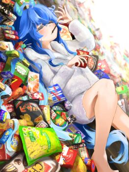 1girl absurdres ahoge animal_ears blue_hair choco_pie closed_eyes curly_hair dessert ear_covers eating food hair_between_eyes highres horse_ears horse_girl long_hair long_sleeves lying pajamas pocky ricca_miz shorts sweets takenoko_no_sato thighs twin_turbo_(umamusume) umamusume