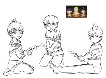 3boys blonde_hair brown_hair butters_stotch child clyde_donovan food hat highres male_focus marshmallow multiple_boys party_hat shota sitting south_park stan_marsh underwear underwear_only_(male)