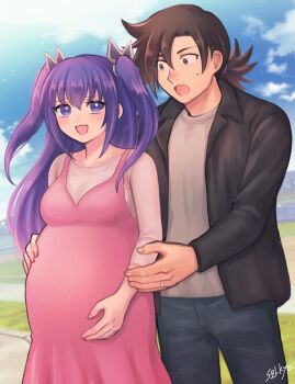 1boy 1girl ameno_hibari_(yuragisou_no_yuuna-san) blue_sky brown_hair fuyuzora_kogarashi highres pregnant purple_hair sky yuragisou_no_yuuna-san