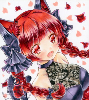 1girl alternate_costume animal_ear_fluff animal_ears black_bow black_dress blush bow braid breasts cat_ears cleavage commentary dress fangs from_above hair_bow happy hashtag-only_commentary heart highres kaenbyou_rin large_breasts long_hair looking_at_viewer multiple_tails nekofish666 open_mouth painting_(medium) red_eyes red_hair smile solo tail tongue touhou traditional_media twin_braids two_tails watercolor_(medium) watermark