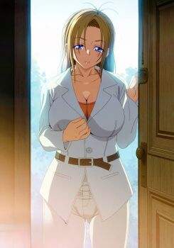 1girl 2010s 2011 absurdres age_difference ahoge anime_screenshot blonde_hair blue_eyes blue_sky blush breasts cross cross_earrings door doorknob doorway earrings eyebrows highres huge_breasts jellyfish_(company) jewelry kamimura_akiko keisuke_(sisters) kouzaka_kouhei latin_cross lips long_hair mature_female outdoors sisters_~natsu_no_saigo_no_hi~ sky smile solo standing taki_minashika tank_top tree vagina_visible_through_clothing visual_novel